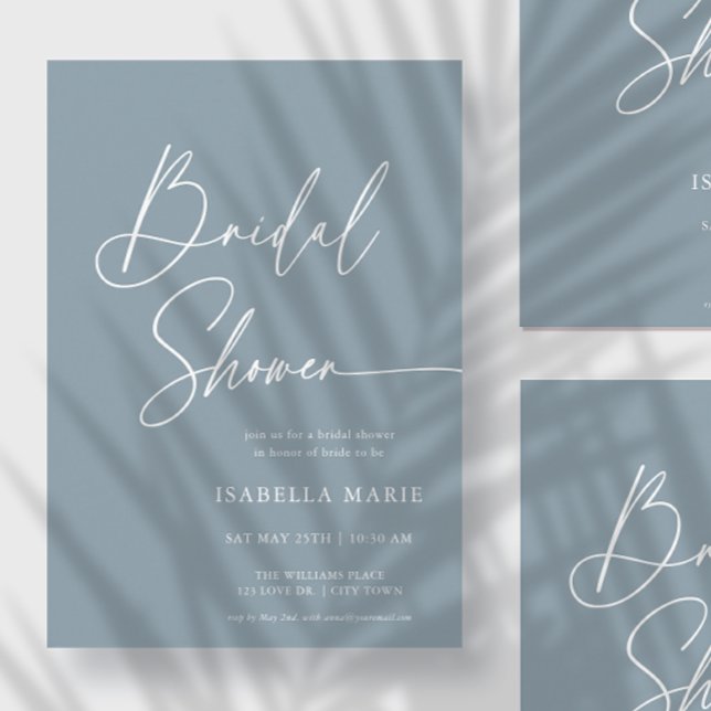 Convites Chuva Azul Moderno Chá de Noiva Elegante (Front of flat 5x7 bridal invitation is shown. Choose size, corner and paper style.)