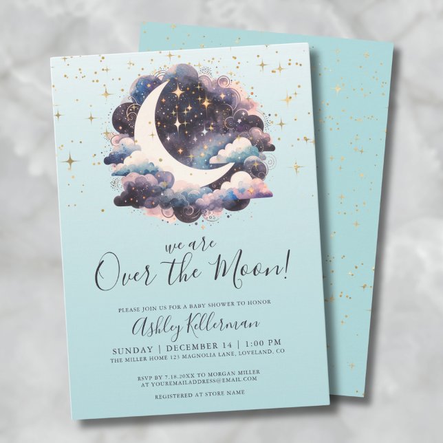 Convites Chuva Azul Sobre o Chá de Bebê da Lua (Blue Over The Moon Baby Shower Invitation)