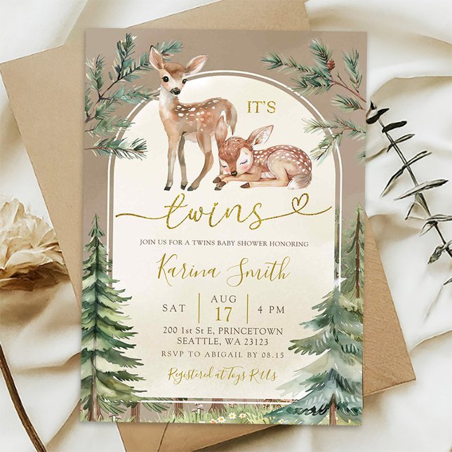 Convites Chuva Boho Veado Gêmeos Floresta Baby Shower (Criador carregado)
