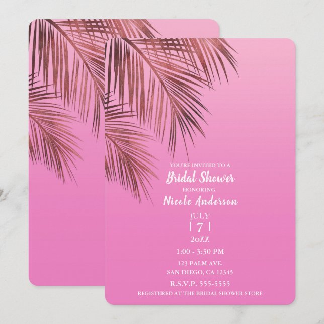Convites Chuva das Bahamas Bronze Palma Rosa Chá de Noiva (Frente/Verso)