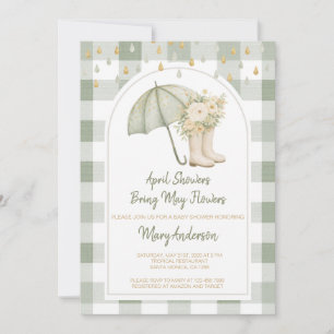 Convites Chuva de Abril em Verde Xadrez Baby Shower