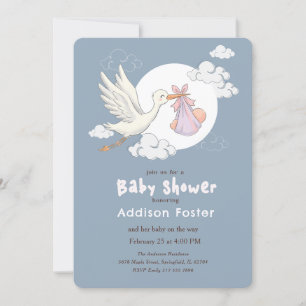 Convites Chuva de Água Azul Menina Cegonha Baby Shower