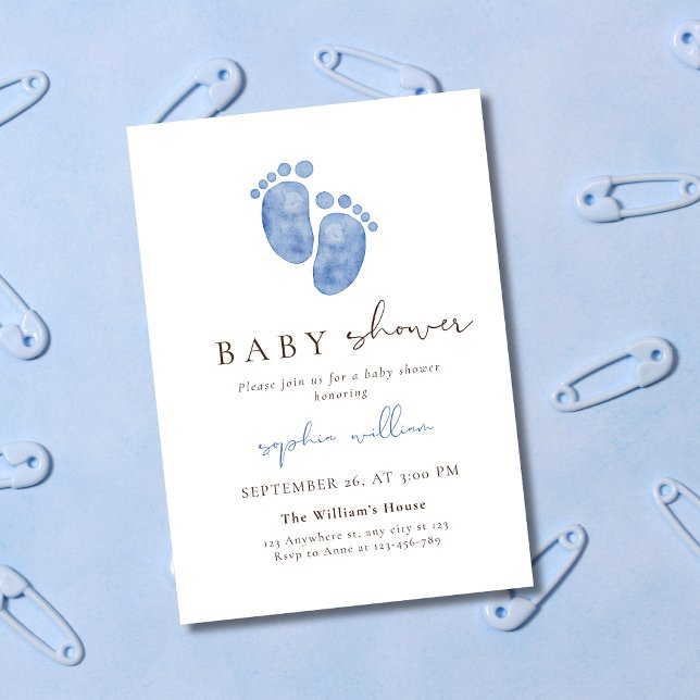 Convites Chuva de Água Azul Pegadas de Bebê Baby Shower (Criador carregado)