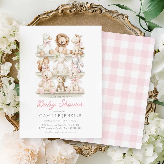 Convites Chuva de Algodão Rosa Bebê Animal Menina Chamada d (Pink Gingham Baby Animals Baby Shower Invite)
