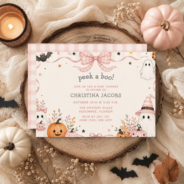 Convites Chuva de Algodão Rosa Pequeno Boo Halloween Chás d (Pink Gingham Little Boo Halloween Baby Shower Invitation)