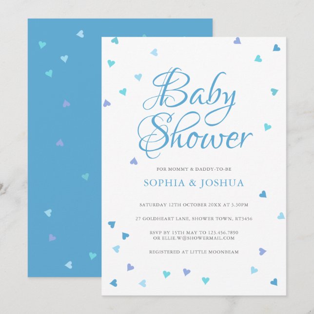 Convites Chuva de Amor Azul Moderno para Chás de Bebê Casai (Frente/Verso)