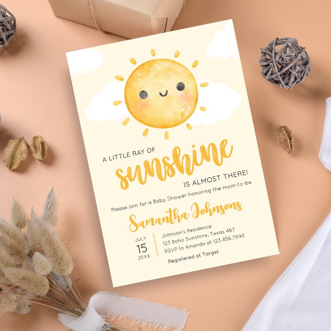 Convites Chuva de Amor Baby Shower (Little Ray of Sunshine Boho Baby Shower Invitation)