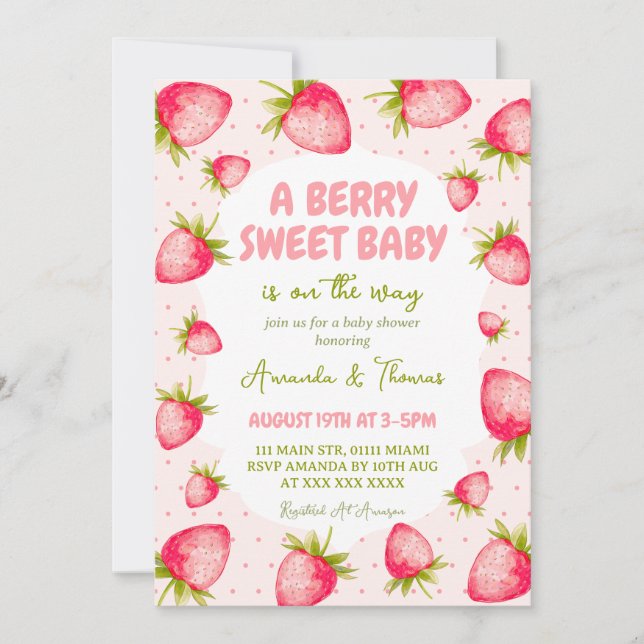 Convites Chuva de Amor Baby Shower de Morango (Frente)