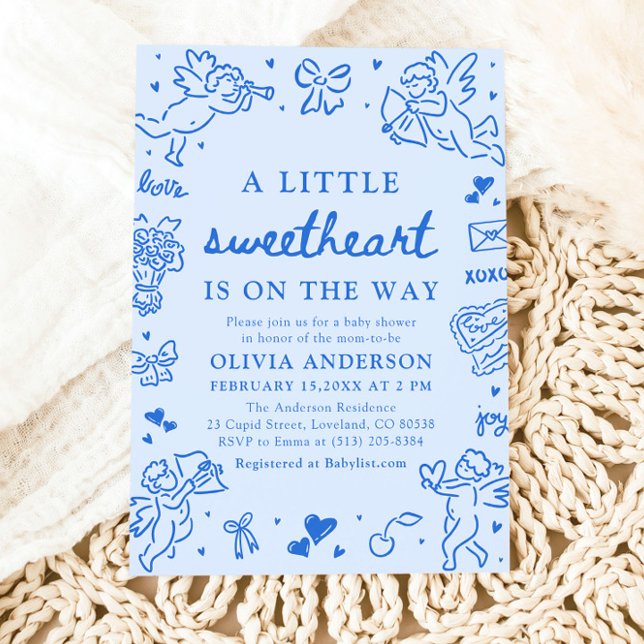 Convites Chuva de Amor: Baby Shower de Valentim Desenhado à (Blue Hand Drawn Valentine Little Sweetheart Baby Shower Invitation)