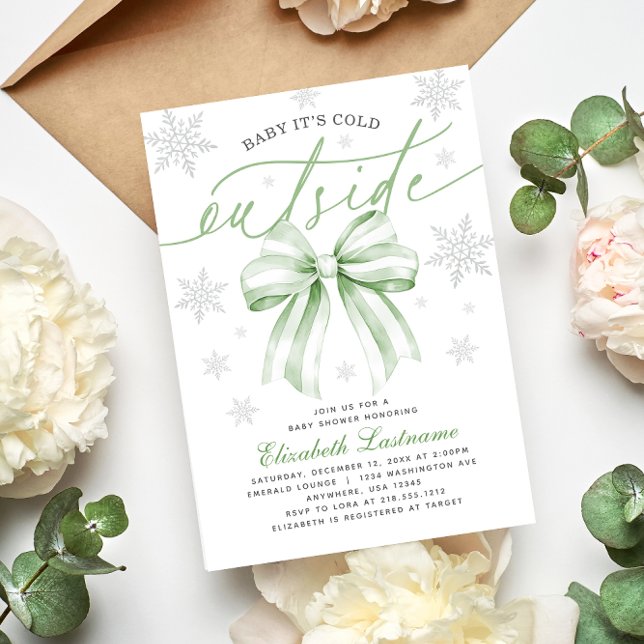 Convites Chuva de Amor Bebê Está Frio Fora Chuvada de Bebê  (Baby Its Cold Outside Coquette Green Bow Birthday Invitation
#winterbabyshower
#genderneutralshower)