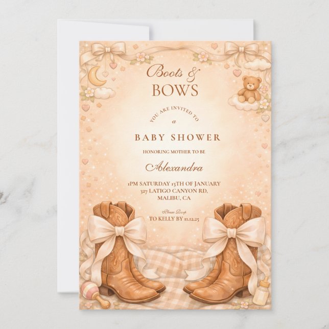 Convites Chuva de Amor: Botas e Laços para Baby Shower (Frente)