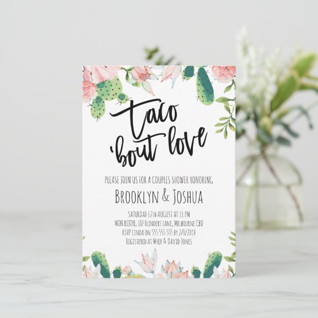 Convites Chuva de Amor Casal Taco Rosa Cacto (Em pé/Frente)