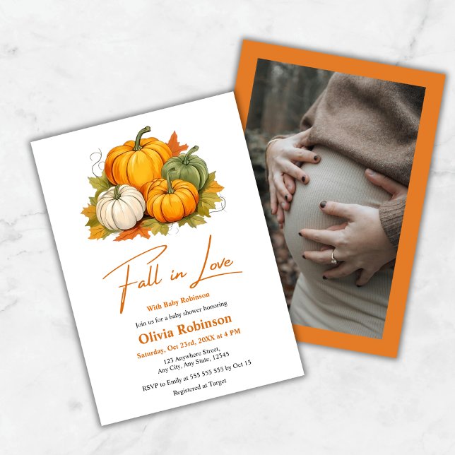 Convites Chuva de Amor Chuveiro de Bebê Abóbora Neutro em G (Photo Fall in Love Gender Neutral Pumpkin Baby Shower Invitation )