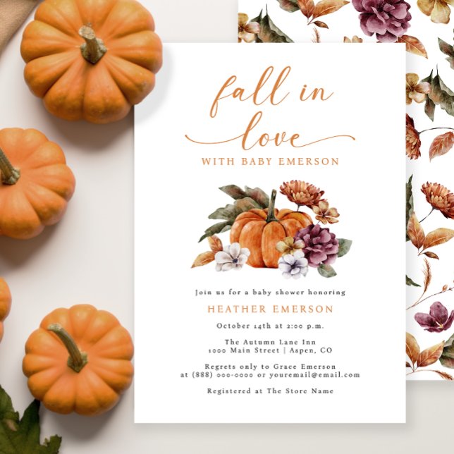 Convites Chuva de Amor de Abóbora no Baby Shower (Pumpkin Fall In Love Baby Shower Invitation Watercolor Floral Autumn Fall)