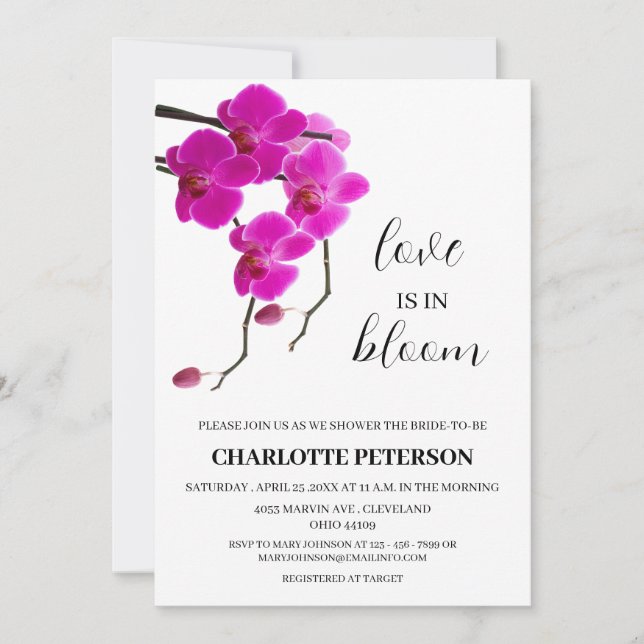 Convites Chuva de Amor de Orquídea Rosa no Chá de Noiva  (Frente)