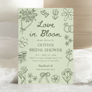 Convites Chuva de Amor em Verde Sage Desenhado à Mão para C
