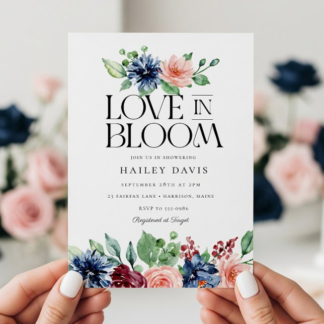 Convites Chuva de Amor Floral Rosa Azul Naval Boho para Chá (Criador carregado)