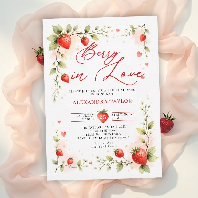 Convites Chuva de Amor Jardim de Morango Festa de Noivado d (berry in love bridal shower invitation card design floral botanical watercolor strawberry garden)
