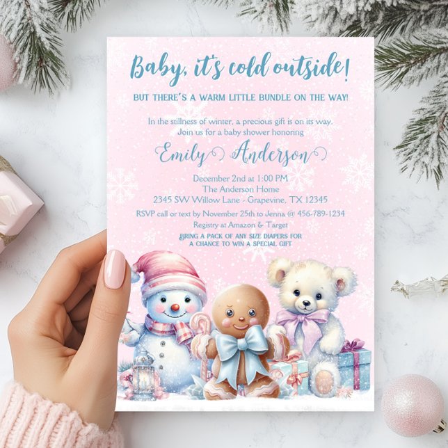 Convites Chuva de Amor para Bebê Menina de Inverno, Está Fr (Adorable winter baby shower invitation. Simply add your event details.)