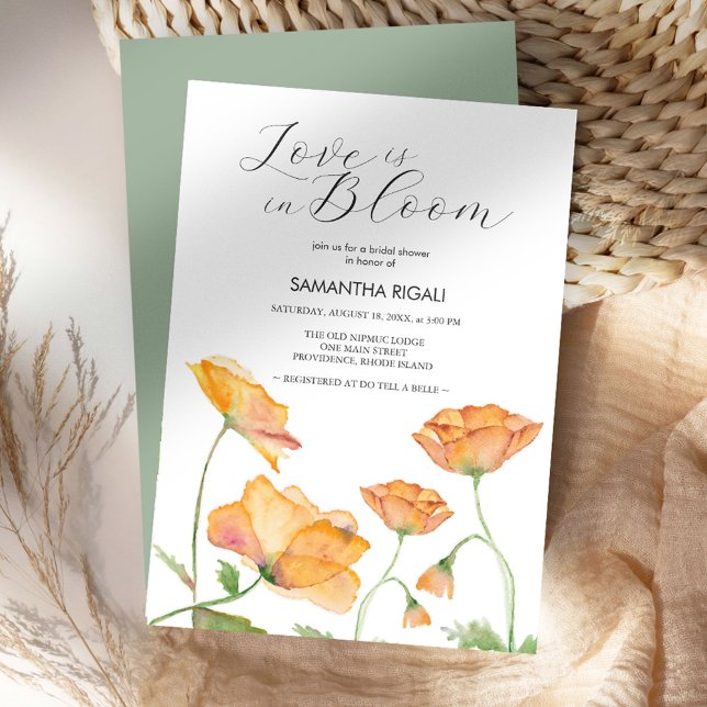 Convites Chuva de Amor para Noiva Floral Laranja (Love is in bloom bridal shower watercolor orange poppy flowers by Victoria Grigaliunas DoTellABelle)
