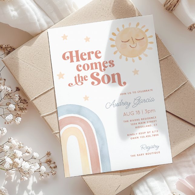 Convites Chuva de Amor para o Bebê Menino em Tons Neutros (Here Comes the Son Watercolor Boho Baby Shower Invitation)