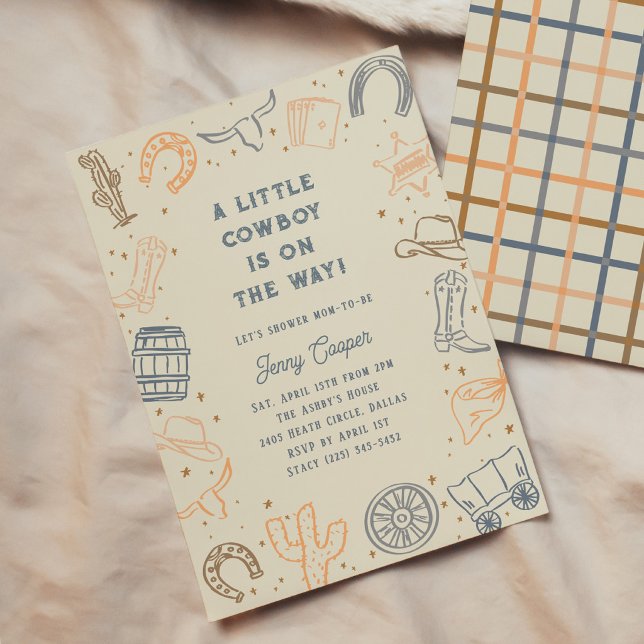 Convites Chuva de Amor para Pequeno Cowboy Shower de Bebê W (Little Cowboy on the Way Western Baby Shower Invitation)