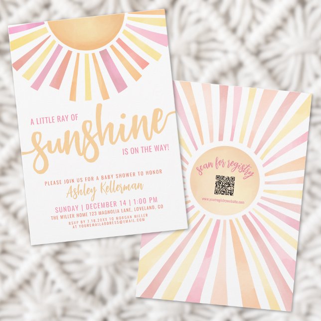 Convites Chuva de Amor Rosa - Baby Shower (Pink Little Ray Of Sunshine Baby Shower Invitation)