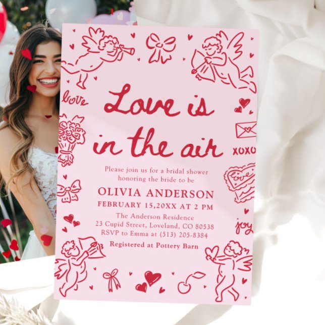 Convites Chuva de Amor Rosa no Ar para Chá de Noiva de São  (Pink Valentine Love is in the Air Bridal Shower Invitation)