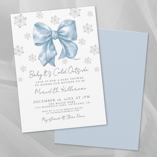 Convites Chuva de Arco Azul Menino Bebê Shower (Blue Bow Winter Boy Baby Shower Invitation)