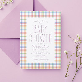 Convites Chuva de arco-íris xadrez gingham doce baby shower