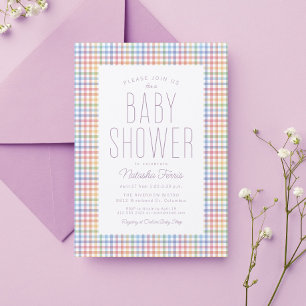 Convites Chuva de arco-íris xadrez gingham doce baby shower