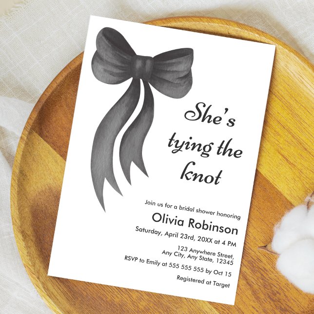 Convites Chuva de Arroz com Laço Preto - Chá de Noiva (Black Bow She's Tying the Knot Bridal Shower Invitation  )