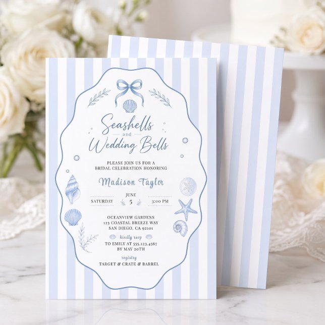 Convites Chuva de Arroz de Concha Marinha com Laço Listrado (Seashell Bridal Shower Blue Striped Bow Invitation)