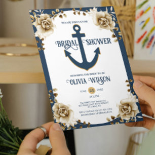 Convites Chuva de Arroz Náutica Âncora Azul Dourado Floral 
