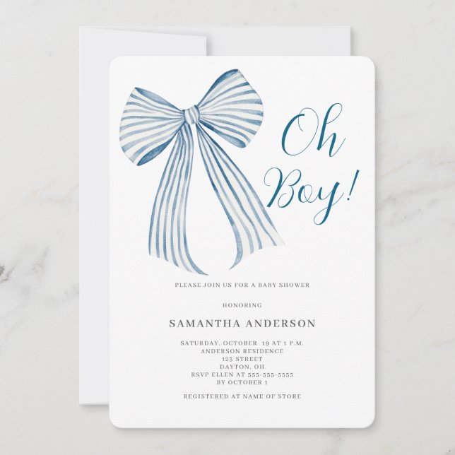 Convites Chuva de Azul - Baby Shower de Oh Boy Blue Bow (Frente)