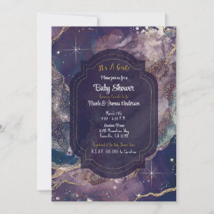 Convites Chuva de Azul Celestial Dourado em Aquarela Baby S