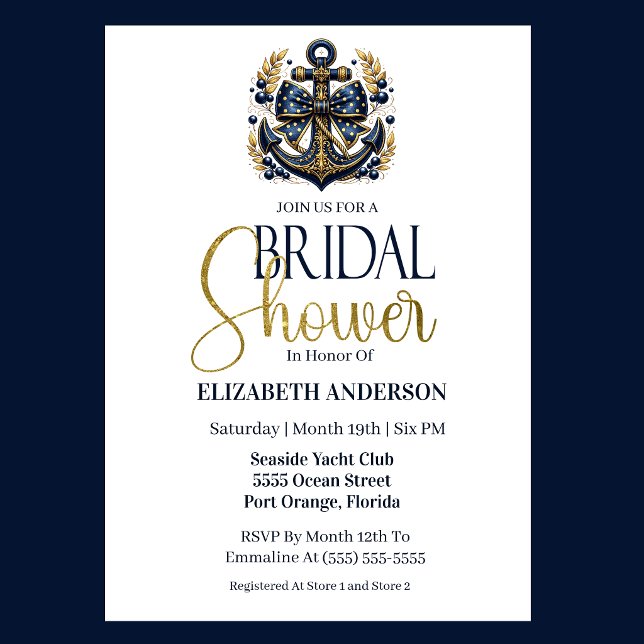 Convites Chuva de Azul Dourado Âncora Naval Chá de Noiva (Nautical blue and gold anchor bridal shower invitation with photo elegant seaside theme
)