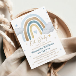 Convites Chuva de Azul Dourado Boho Baby Shower