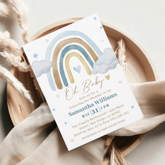 Convites Chuva de Azul Dourado Boho Baby Shower (Criador carregado)