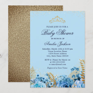 Convites Chuva de Azul Dourado Brilho Floral Baby Shower