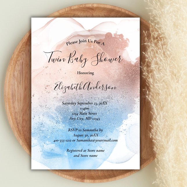 Convites Chuva de Azul e Rosa para Bebê Menino e Menina Gêm (Pink Blue Twin Baby Shower Invitation)
