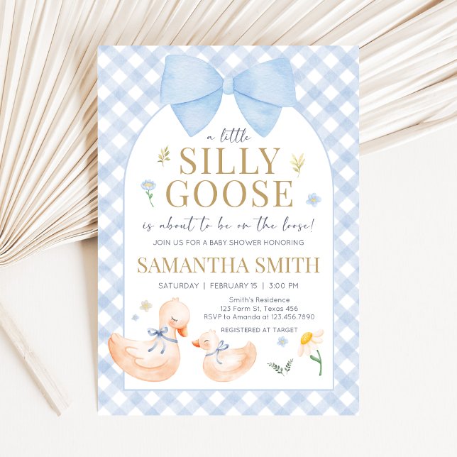 Convites Chuva de Azul Gingham Silly Goose Baby Shower (Little Silly Goose Baby Shower Invitation)