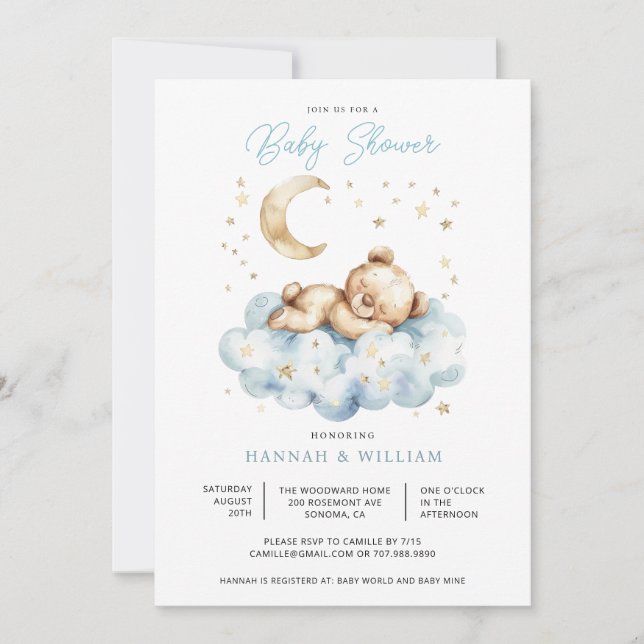 Convites Chuva de Azul Menino Urso de Pelúcia Baby Shower  (Frente)