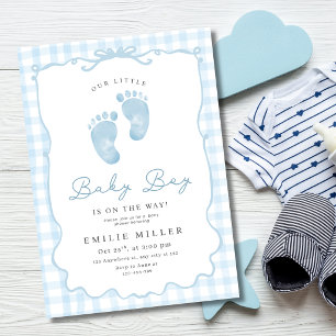 Convites Chuva de Azul Minimalista de Pegadas de Bebê Menin