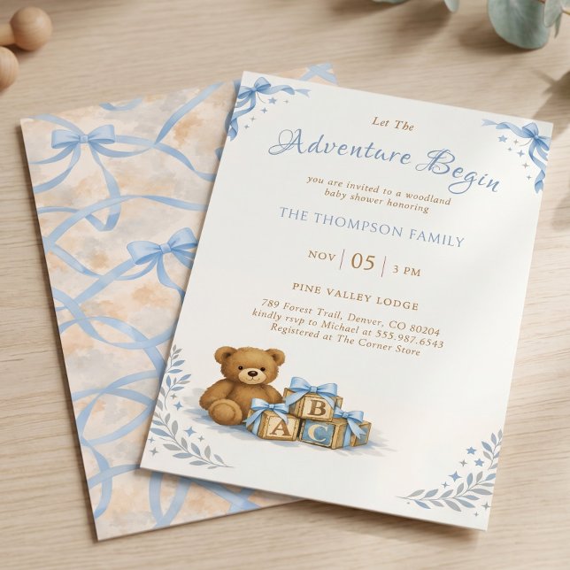 Convites Chuva de Azul - Teddy Bear em Aquarela - Chá de Be (Blue Bow Watercolor Teddy Bear Baby Shower Invitation)