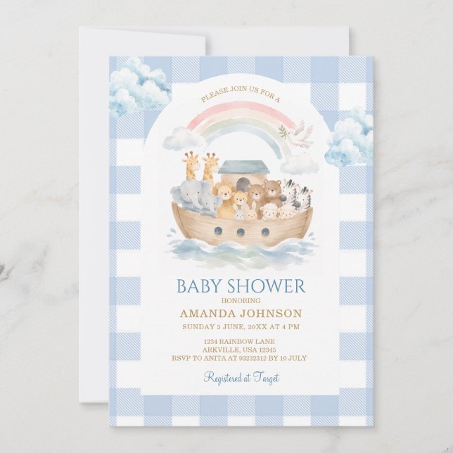 Convites Chuva de Azul Xadrez Arca de Noé Baby Shower (Frente)