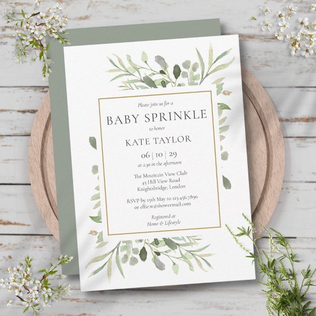 Convites Chuva de Baby Verde-Azulado Neutro em Aquarela (Watercolour Greenery Baby Sprinkle Gender Neutral Invitation)