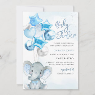 Convites Chuva de Balão Azul Elefante Menino Baby Shower