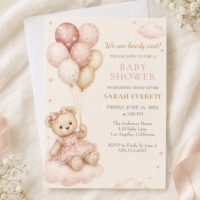 Convites Chuva de Balão de Urso de Pelúcia Rosa para Chá de (Pink Teddy Bear Balloon Girl Baby Shower Invitation)