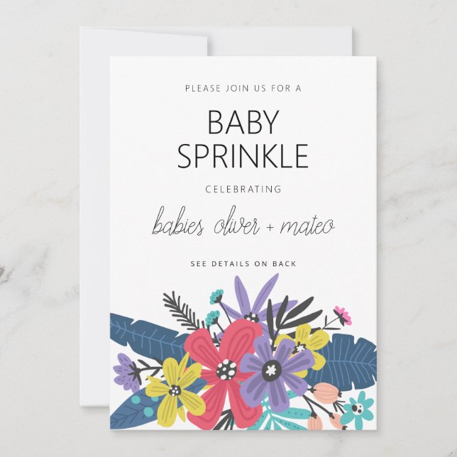 Convites Chuva de Balas Modernos de Flores Boho para Gêmeos (Frente)